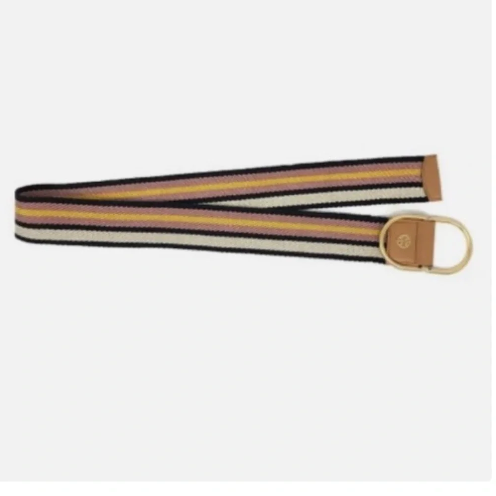 Tory Burch Web Belt Multicolor Stripe Brown Leather Buckle Gold Tone D Ring XS